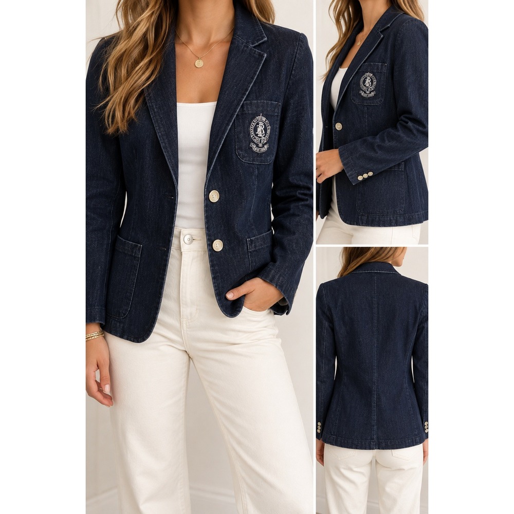 Lauren Ralph Lauren Denim Blazer Dark Wash Crest Patch Jacket Navy Blue M